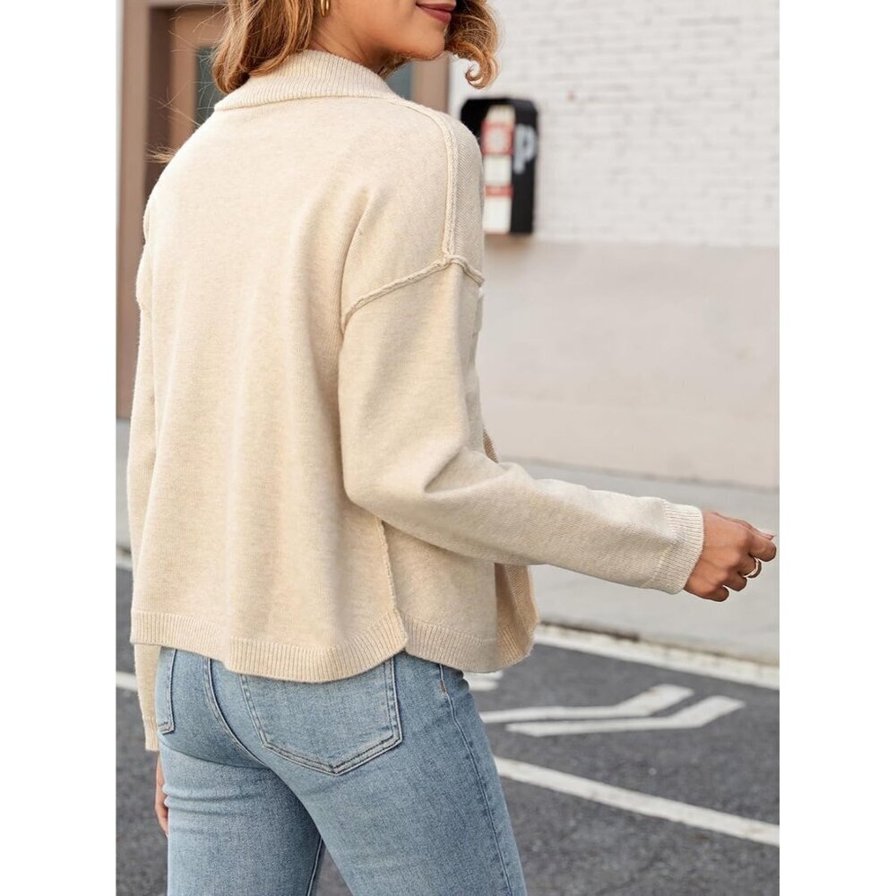 Women's Cotton Blend Cropped Cardigan Long Sleeve Button Front Knit Outwear - Picture 3 of 6